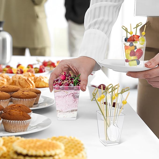 50 Pcs 5 oz Plastic Appetizer Charcuterie Cups with 200 sticks, Clear Dessert Cups with 50 Spoons, Disposable Fruit Parfait Salad Cup for Party