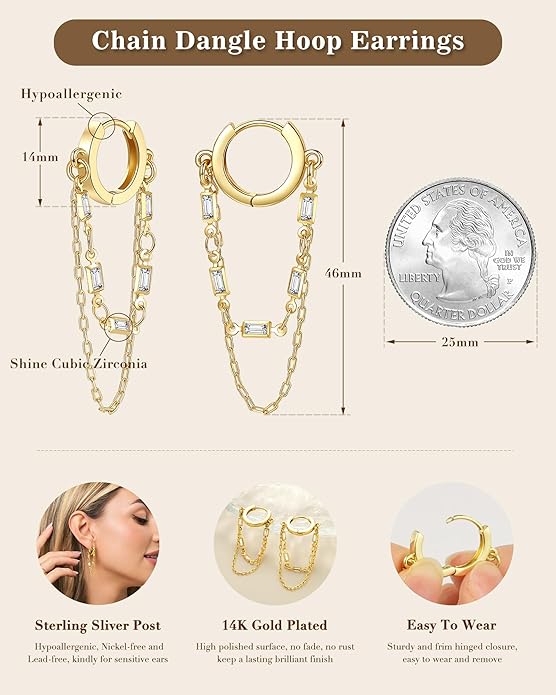 Tassel Chain Small Gold Hoop Dangle Earring For Women Huggie Earring Heart Star CZ 14K Gold Plated Fashion Jewelry Friendship Gift