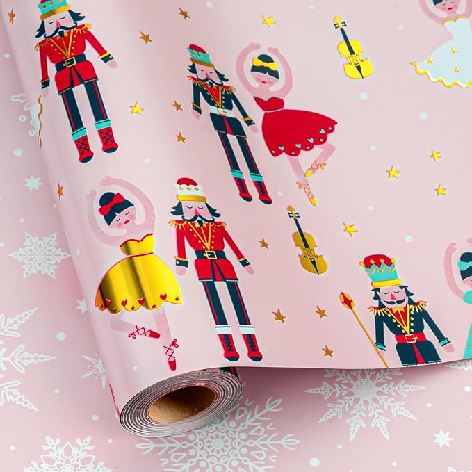 MAYPLUSS Pink Christmas Wrapping Paper Roll - 17IN X 33FT - Christmas Nutcracker Gift Wrapping Paper Featuring Ballet Guitar Gold Star Reversible Snowflake for Kids, Holiday, New Year