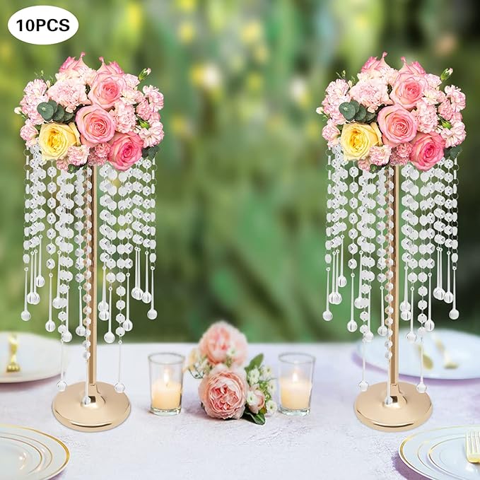 Wedding Centerpieces Gold Vases,10PCS Metal Flower Candle Holder with Sparkling Crystal Beads,Crystal Flower Vase Metal Flowers Stand for Party Tables Decorations (10pcs Gold-2)