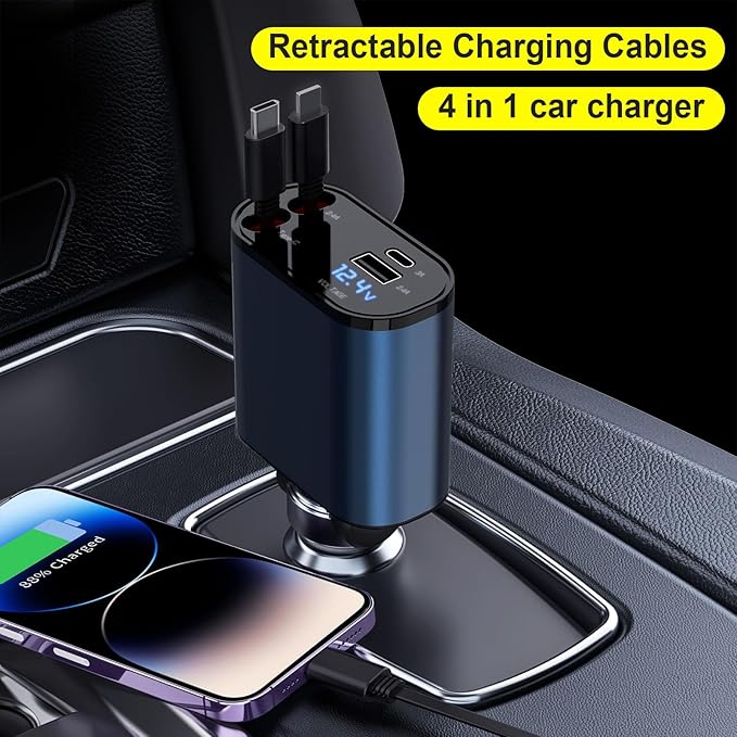 Retractable Car Charger Compatible with Galaxy Pixel, 4 in 1 Fast Charging 60W, Retractable Phone Charger for Car Retractable Cable and 2 USB Ports