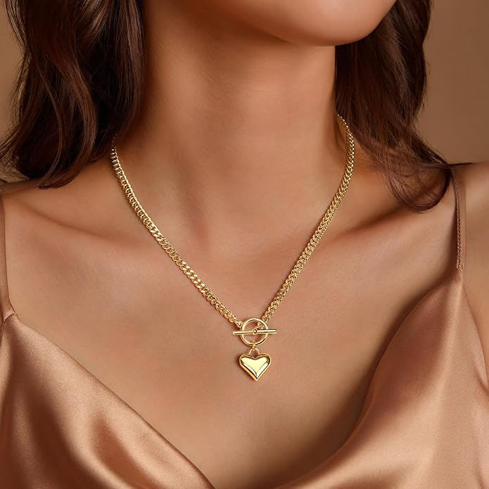 Zeffy 14K Gold/Silver Plated Chunky Thick Chain Toggle Clasp Necklace Dainty Baroque Pearl/Heart/Cross/Turquoise Pendant Necklace