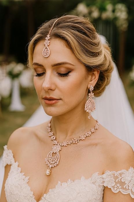 Touchstone Indian jewelry sets for women maang tikka wedding guest gold necklace bollywood jewellery set pageant elegant prom bride accessories western crystal chunky rhinestone necklaces
