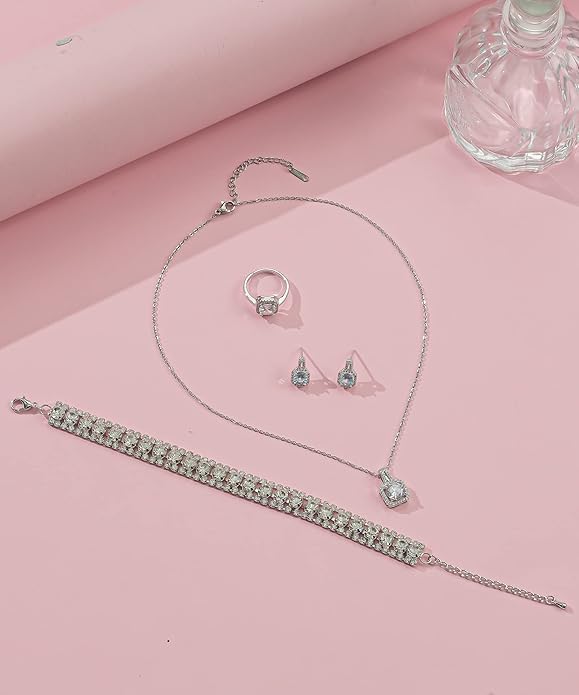 4pcs Cubic Zirconia Wedding Jewelry Sets for Bride Bridesmaid Cubic Zirconia Pendant Necklace Earrings Link Tennis Bracelet Open Ring Set for Women