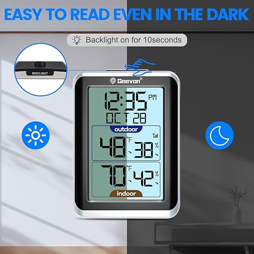 GEEVON Indoor Outdoor Thermometer Wireless Digital Hygrometer Temperature and Humidity Gauge with Time, 200ft/60m Range Temperature Humidity Sensor (Black)