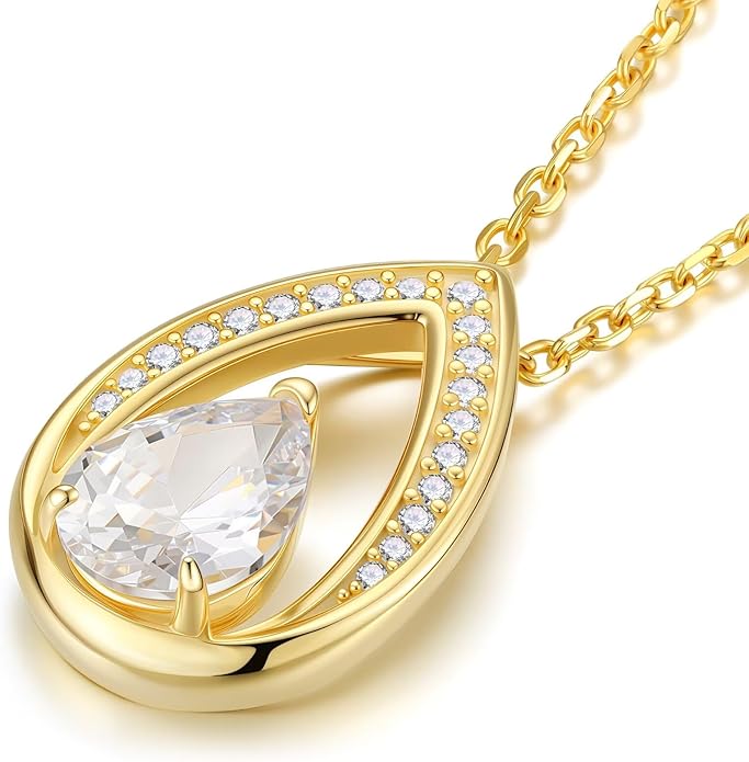 Iefil Valentines Day Gifts for Her - 14K Gold Plated Birthstone Necklace for Women, 925 Sterling Silver Teardrop Necklace, Anniversary Birthday Gifts for Wife Girlfriend Mom