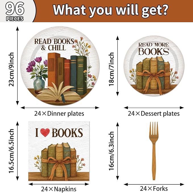 96 Pcs Vintage Book Theme Decoration Disposable Tableware Set - Book Club Birthday Party Paper Plates Napkins Forks Library Reading Birthday Baby Shower Party Supplies for Serve 24 Guests