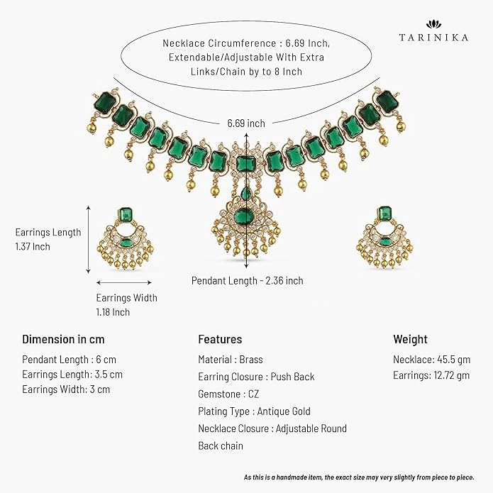 TARINIKA Green and White Cubic Zirconia(CZ) Indian Necklace Set with Earrings, Gold Plated Brass Fashion Indian Jewelry Gift for Women Bollywood Costume Jewellery
