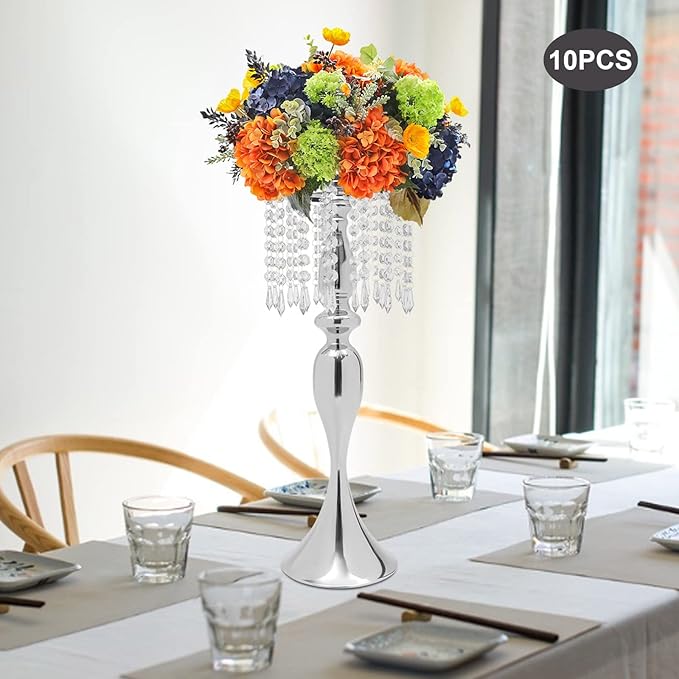 Wedding Centerpieces Gold Vases,10PCS Metal Flower Candle Holder with Sparkling Crystal Beads,Crystal Flower Vase Metal Flowers Stand for Party Tables Decorations (10PCS-Sliver-17cm)