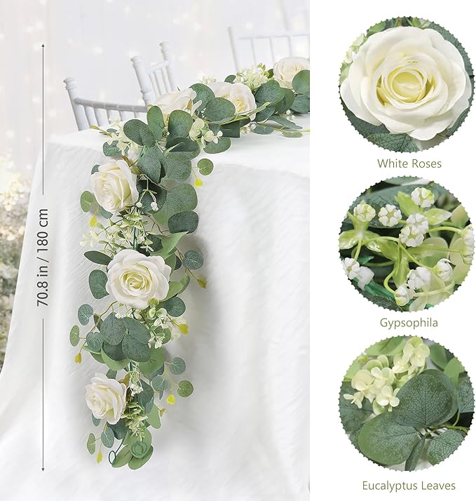 TOCHGREEN 2Pcs(13 Ft) Artificial Eucalyptus Flower Garland with White Rose Flowers,Faux Rose Vine Gypsophila Greenery for Home Party Wedding Table Decor (White, 2PCS)