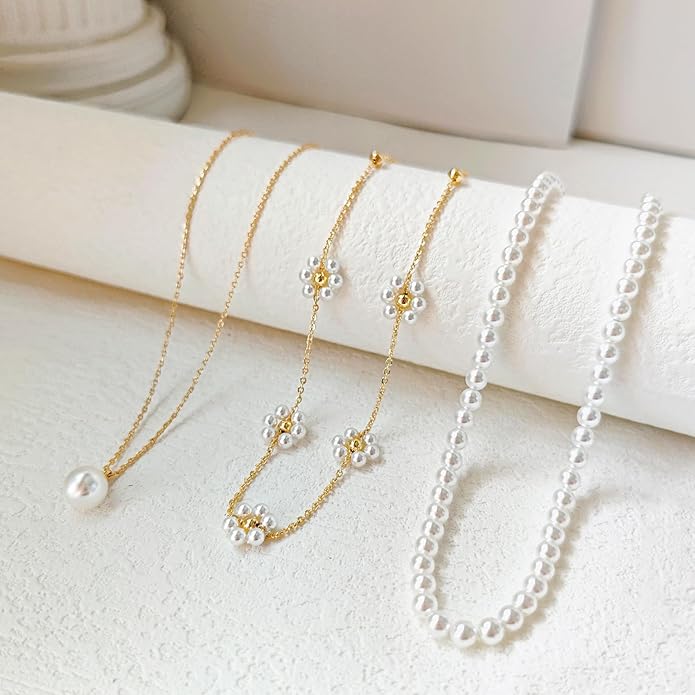 Zeffy Gold Pearl Necklace for Women, Dainty 14K Gold/Silve Plated Layered Pearl Choker Pearl Earrings Pearl Bracelets Wedding Trendy Gold Jewelry Set for Women Gifts