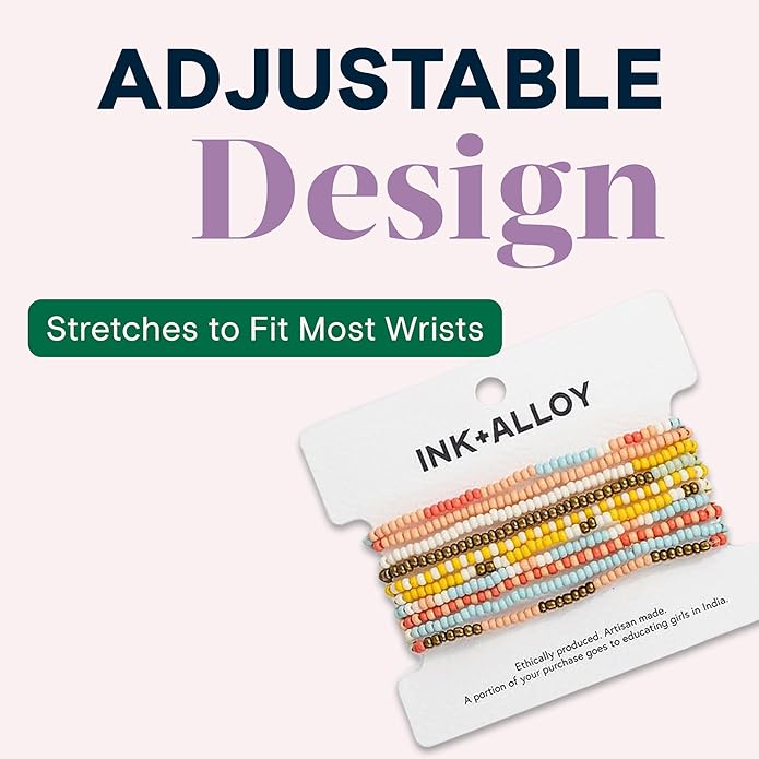 INK + ALLOY 10-Strand Stacking Beaded Bracelets for Women – Mixed Patterns Bracelet Stack - Adjustable Stretch Fit - Handmade Boho Bracelets for Women - Perfect for Any Occasion