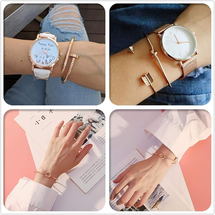 Starain 4Pcs Rose Gold Bracelets for Women Simple Leaf Arrow Feather Knot Heart Bangle Bracelet Adjustable Cuff Bracelet Set