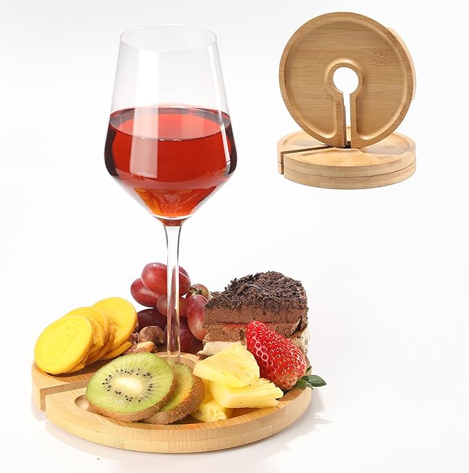 Mini Charcuterie Board with Wine Holder, Wine Glass Charcuterie Topper, Wine Gifts Accessories, Cheese Appetizer Plates for Wine Party Family Gatherings Bars Restaurants, 7.1'' Set of 4