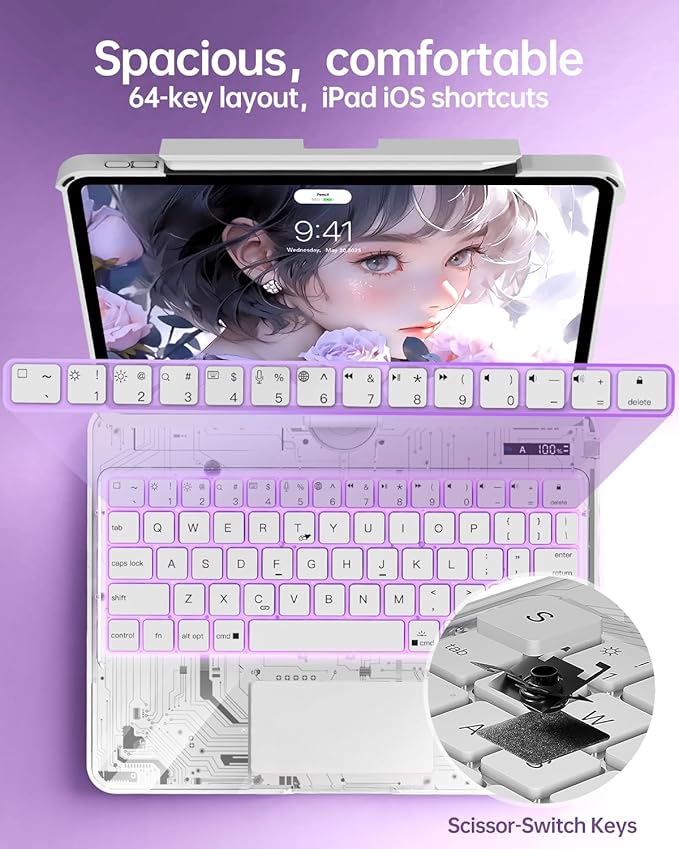 Intermerge for iPad 9th 10.2 inch Keyboard Case, 360° Transparent Multi-Touch Trackpad, 7-Color Backlit Keyboard, Pencil Holder, Type-C, Power Indicator for 9th/ 8th/ 7th - Frost Pulse