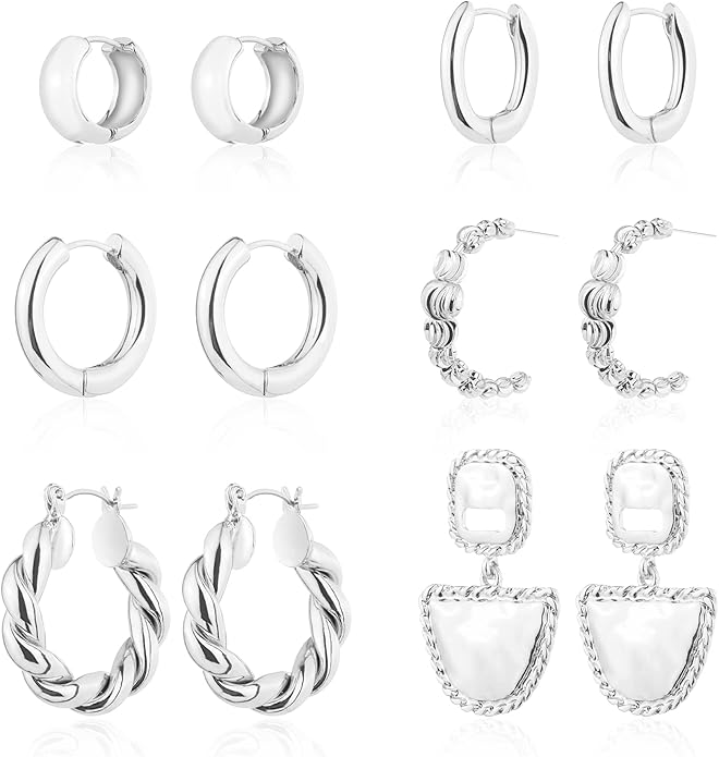 Wgoud 6 Pairs Gold Hoop Earrings Set for Women, 14K Gold Plated Hypoallergenic Lightweight Chunky Open Huggie Hoops Earrings Jewelry for Gifts.