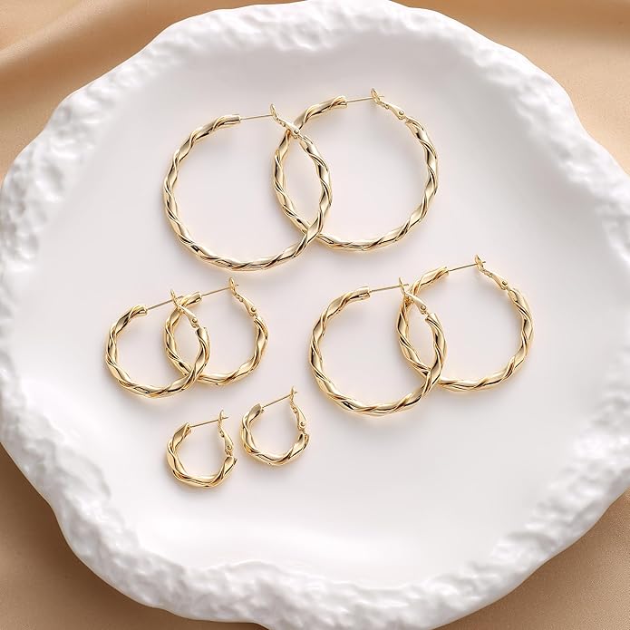 14k Gold Plated Hoop Earrings for Women, 925 Sterling Silver Posts Thick Twist Hypoallergenic Chunky Large Earrings 20mm 30mm 40mm 50mm
