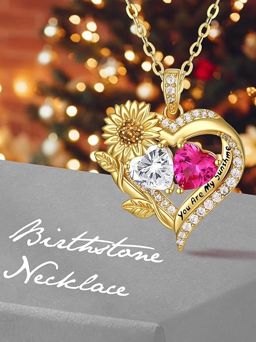 Sunflower Heart Necklace for Women 14K Gold Exquisite Valentines Day Anniversary Birthday Gifts for Wife Mother Her Double Birthstone Pendant Jewelry‘You Are My Sunshine’