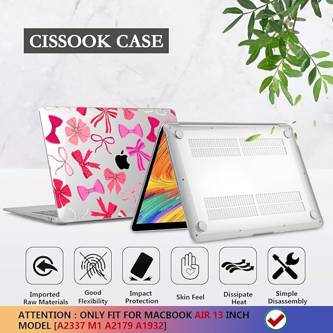 CISSOOK Compatible with MacBook Air 13 inch Case 2022 2021, 2020-2018 Release Model M1 Chip A2337 A2179 A1932, Plastic Hard Shell Case for MacBook Air 13-inch with Retina Display Touch ID, Pink Bows