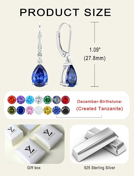 YL 925 Sterling Silver Teardrop Dangle Drop Earrings for Women 7x10 MM Solitaire Birthstone Leverback Jewelry