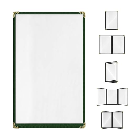 Goodsmart Restaurant Menu Covers – 25 Pack Green 2-View, Top-Loading Menu Holders, Vinyl & Plastic Café Menu Covers, Clear Menu Sleeves, Fits 8.5" x 14", Leather-Style Design, Gold Corners