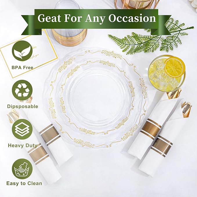 U-QE 350PCS Gold Plastic Plates - Disposable Dinnerware Set for 50 Guests - Clear and Gold Plates and Napkins Party Supplies include 100 Plate, 150 Silverware, 50 Cups, 50 Napkins for Weddings&Party