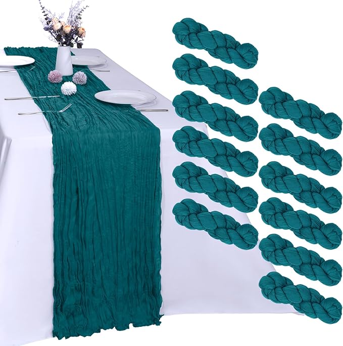 RestfulGlow12 Pack Teal Cheesecloth Table Runner 10FT Boho Gauze Fabric Table Runner 35 x 120 Inch Rustic Sheer Runner for Centerpiece Wedding Decor Baby Shower Party Boho Table Decoration(Teal)