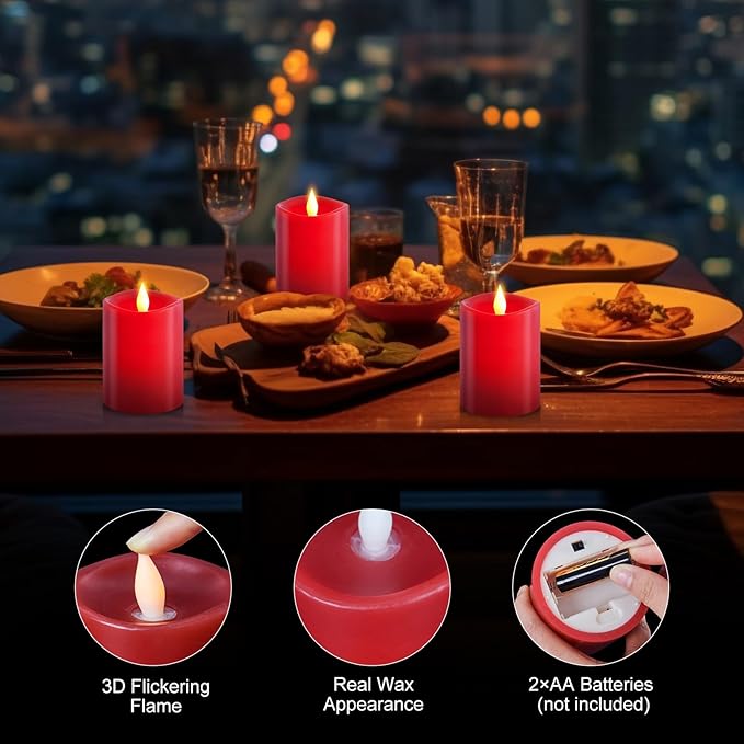 3x4 Flickering Flameless Candles Set of 3,Real Wax Pillar led Candles Flickering,4 inch Flameless Candles with Remote,for Party Wedding Holiday Home Decor,Red