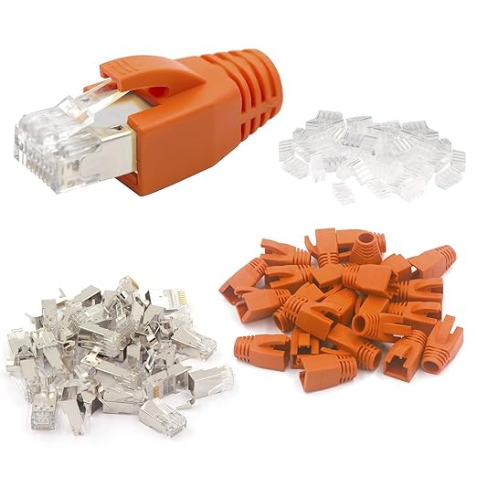 VCE RJ45 Connectors CAT7/CAT6A UL-Listed 30-Pack, Shielded Modular Plugs Gold Plated Network Ends Non-Pass-Thru with Strain Relief Boots - Orange