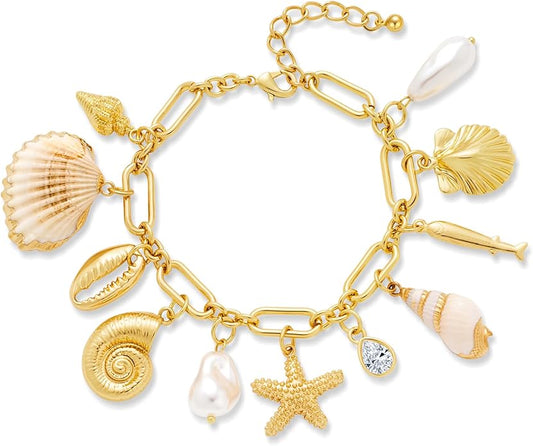 Gold Charm Bracelet for Women Boho Adjustable Shell Starfish Bracelet Summer Beach Ocean Statement Bracelets