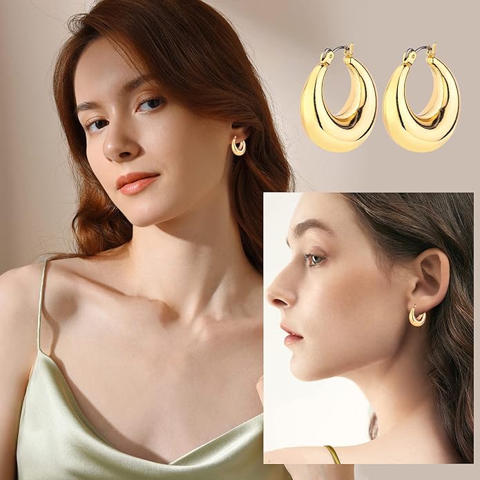 Wgoud Chunky Hoop Earrings Set 14K Gold Plated Hoop Earrings for Women Hypoallergenic, Thick Twisted Huggie Hoops Earring Set