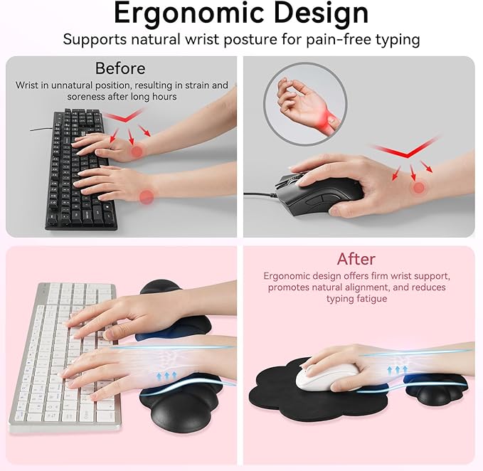 Cloud Wrist Rest for Computer Keyboard, 4-in-1 Memory Foam Leather Cloud Keyboard Wrist Rest and Mouse Pad Set with Ergonomic Support for Arm and Palm Cushion, Gaming/Work Setup, Black