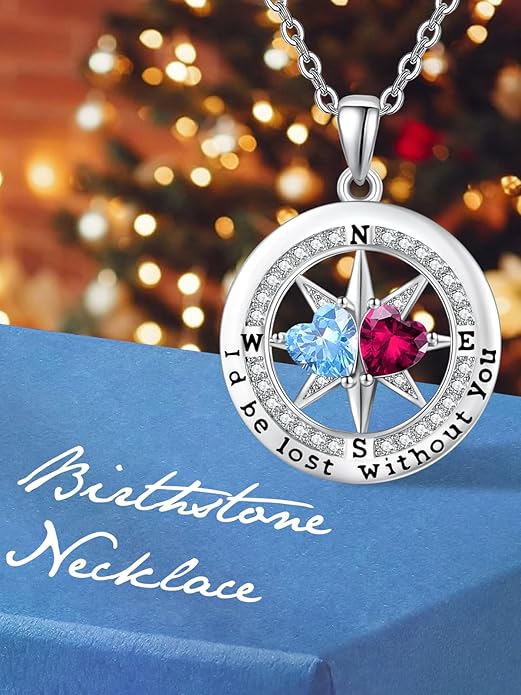 Compass Necklace for Women, Exquisite S925 Valentines Day Anniversary Birthday Gifts for Wife Her Double Birthstone Pendant Jewelry ‘I'd be Lost Without You’