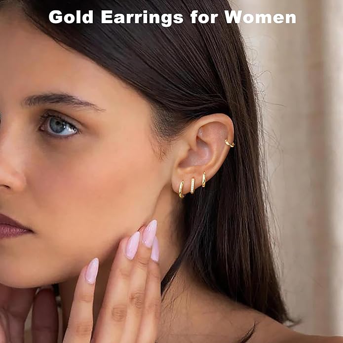 Small Gold Huggie Hoop Earrings Set for Women Men Hypoallergenic 14K Plated Stack Cartilage Earrings, Multiple Piercing Lightweight Mini Thin Cute Dainty Trendy Jewelry Set Christmas Gifts for Women