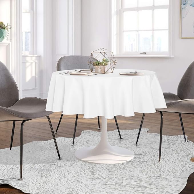 sancua 60 Inch Round Tablecloth (Fits 20-48 Inch Tables), Water Resistant Spill Proof Washable Polyester Table Cloth Decorative Fabric Table Cover for Dining, Buffet Parties and Camping, White