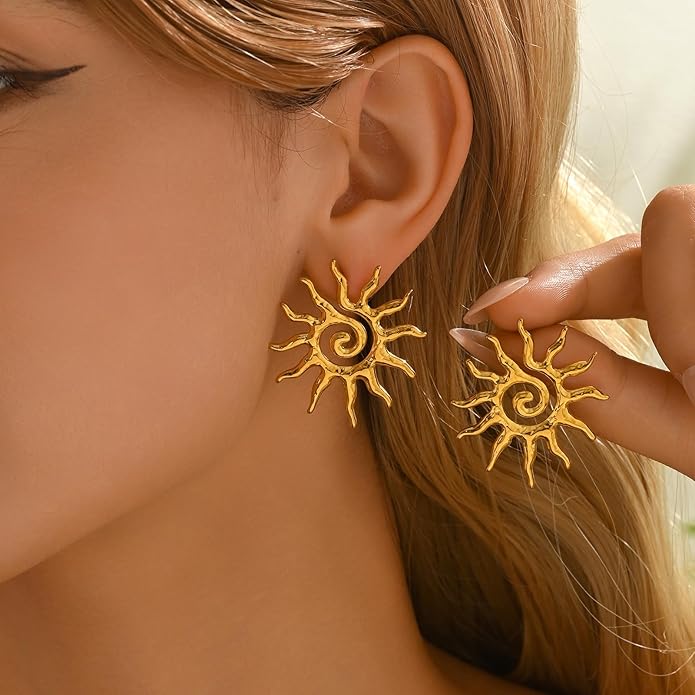 Vintage Gold Statement Stud Earrings, Stainless Steel Chunky Drop Dangle Thick Earrings, Geometric Design with Pearl Accents, Textured Sun Round Heart Pattern for Women