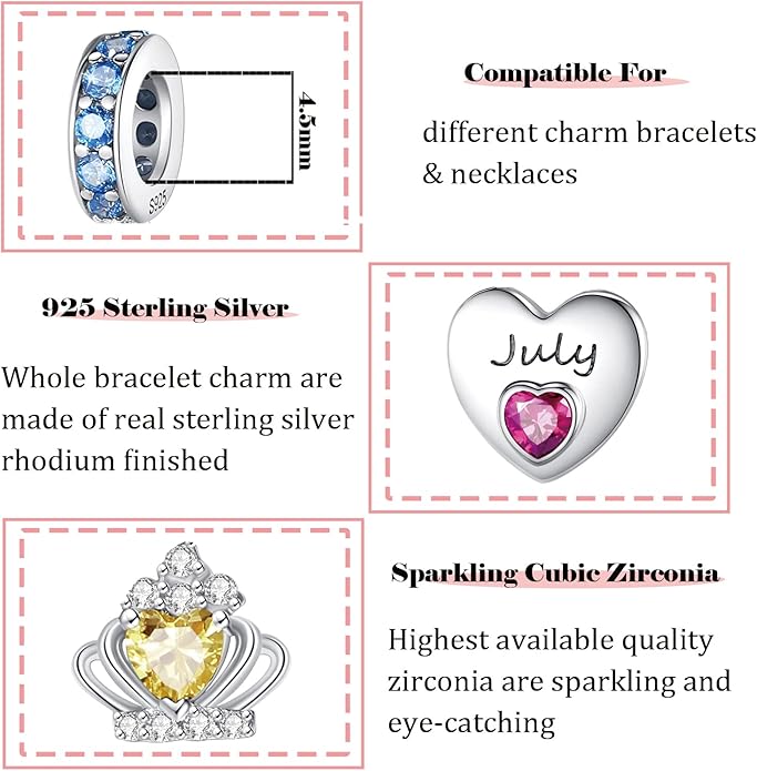 Birthstone Charms for Charms Bracelet: 925 Sterling Silver Heart Dangle Charms for Bracelets and Necklaces, Birthday Mother's Day Christmas Gifts For Women.
