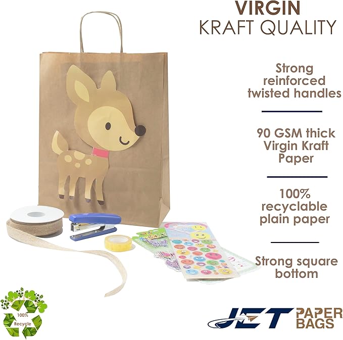 JET PAPER BAGS - 10”x5”x13” Inch [100 Pcs] Brown Paper Bags with Handles Prime for Takeout, Grocery, Goody, Retail, Party, Gifts, Weddings - Recyclable Kraft Paper Gift Bags with Handles