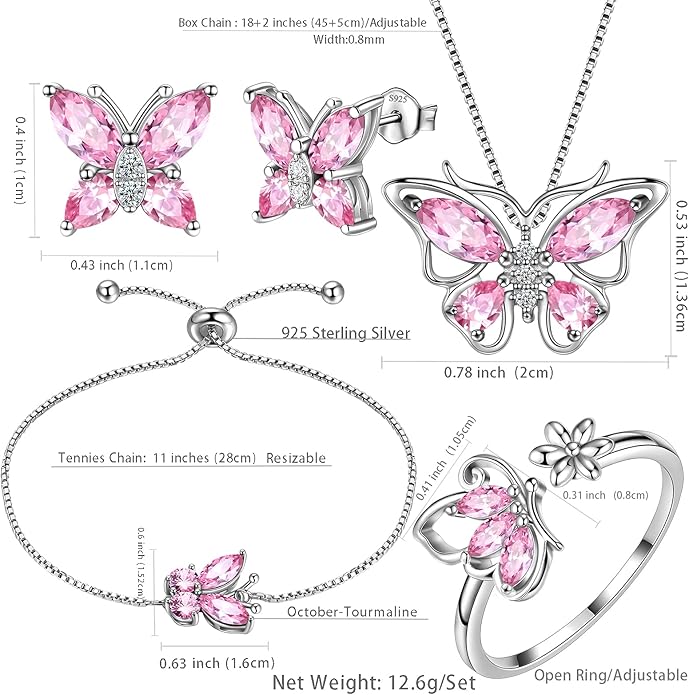 Aurora Tears Butterfly Jewelry,Women 925 Sterling Silver Butterflies Birthstone Pendant Necklace/Earrings/Rings Wedding Gift