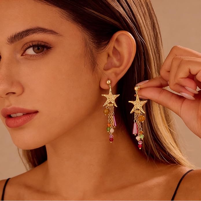Boho Tassel Hoop Earrings for Women 14K Gold Pearl Earrings Dainty Colorful Bead Pendant Earrings Ethnic Style Statement Jewelry for Vacation Festival Party
