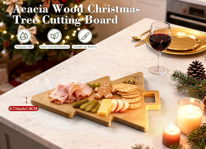 Acacia Wood Christmas Tree Cutting Board 15x12 Inch Charcuterie Board with Handle, Xmas Cheese Appetizer Tray, Wooden Decorative Serving Platter for Holiday Kitchen Party