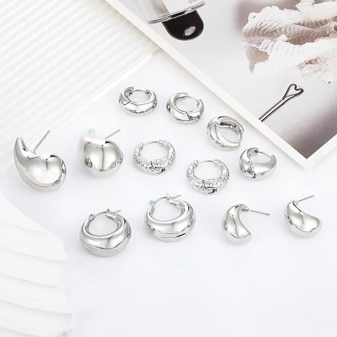 Wgoud 6 Pairs Gold Hoop Earrings Set for Women, 14K Gold Plated Hypoallergenic Lightweight Chunky Open Huggie Hoops Earrings Jewelry for Gifts.