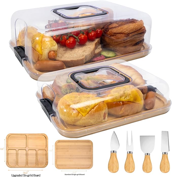 2-Pack Charcuterie Board with Lid - Reversible+ 4-Piece Stainless Steel Cheese Knives, Covered Snack Serving Tray-Large Food Platter，Travel Portable Cheese Board for Picnics & Entertaining