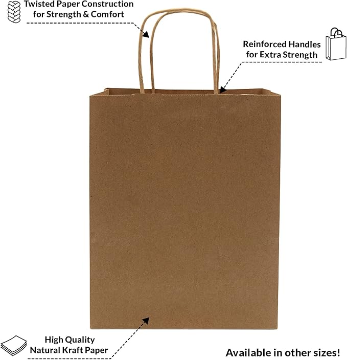 Prime Line Packaging Kraft Paper Bags, Brown Gift Bags with Handles, Small Craft Shopping Bags in Bulk for Boutiques, Small Business, Retail Stores, Gifts & Merchandise, Brown, 8x4x10 Inch, 8x4x10