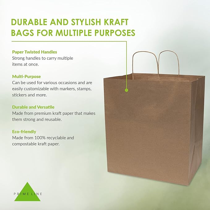 Prime Line Packaging Brown Paper Bags, Kraft Shopping Bags with Handles for Small Business, Restaurants, Takeout, Delivery, Bulk, 14x10x16.5, 50 Pack