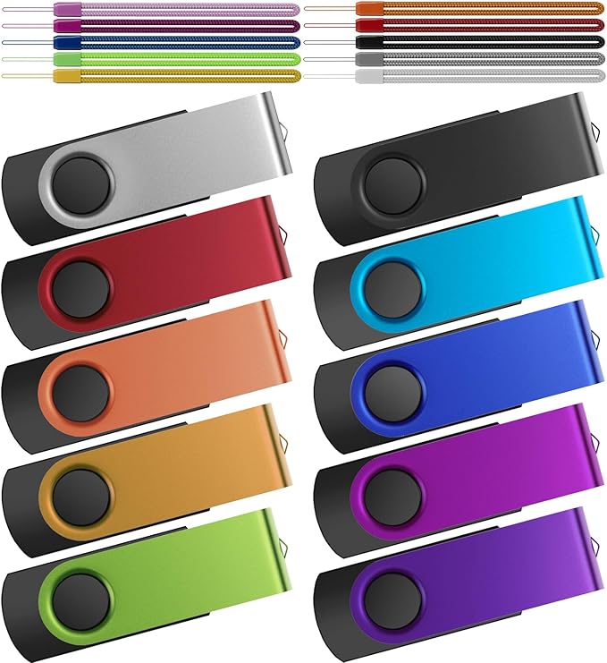 Kepmem Flash Drive 64GB Pack of 10 Thumb Drives Bulk 64 Giga USB Drives Value Metal USB 2.0 Memory Sticks Swivel Pen Drive 64 GB Portable Jump Drive Colorful Multipack Zip Drives for Data Storage
