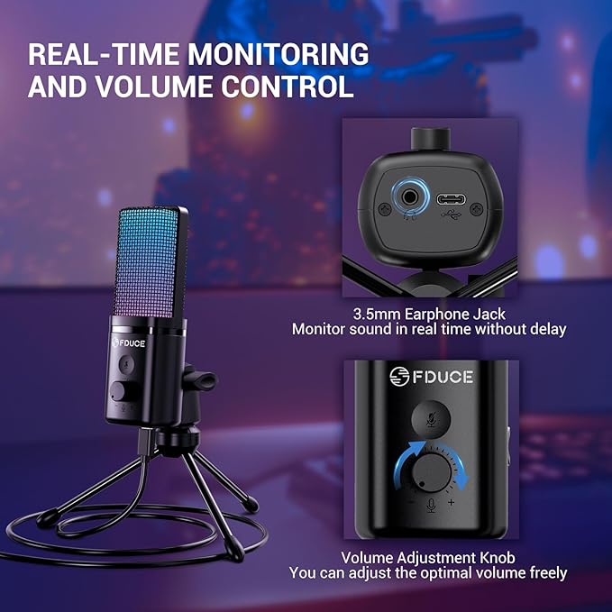 FDUCE Gaming USB Microphone for PC,RGB Condenser Computer Mic with Tripod Stand,Quick Mute,Gain Control,Cardioid Mic for Streaming, Podcast, Twitch, YouTube, PC, Computer, PS5, (M160)