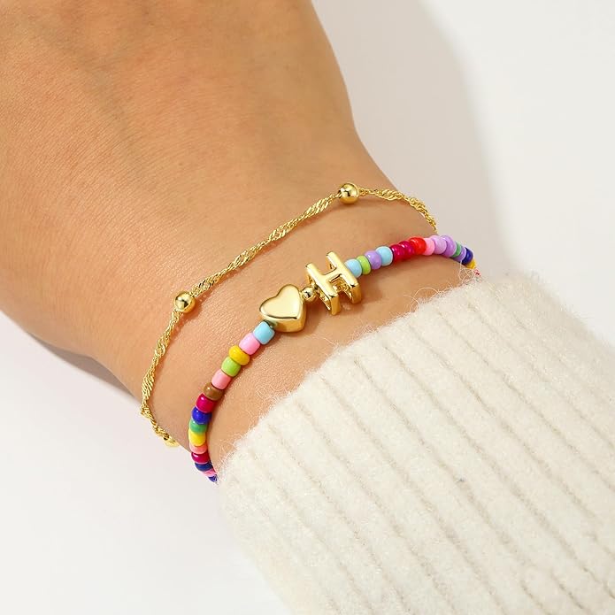 Ursteel Valentines Day Gifts for Kids Teen Girls - 14K Gold Plated Beaded Letter A-Z Bracelet, Layered Stretch Initial Bracelets, Women Trendy Bohemian Jewelry Birthday Gifts