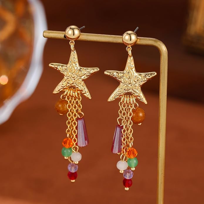 Boho Tassel Hoop Earrings for Women 14K Gold Pearl Earrings Dainty Colorful Bead Pendant Earrings Ethnic Style Statement Jewelry for Vacation Festival Party