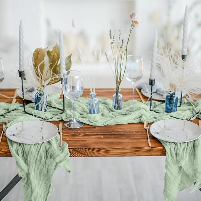 Cheesecloth Table Runner 3 Pack – 35x120 Inch (10ft) Boho Rustic Gauze Cloth Runners – Crinkle Polyester Table Decor for Wedding, Baby Shower, Bridal Shower, Birthday Party and More (Sage Green)